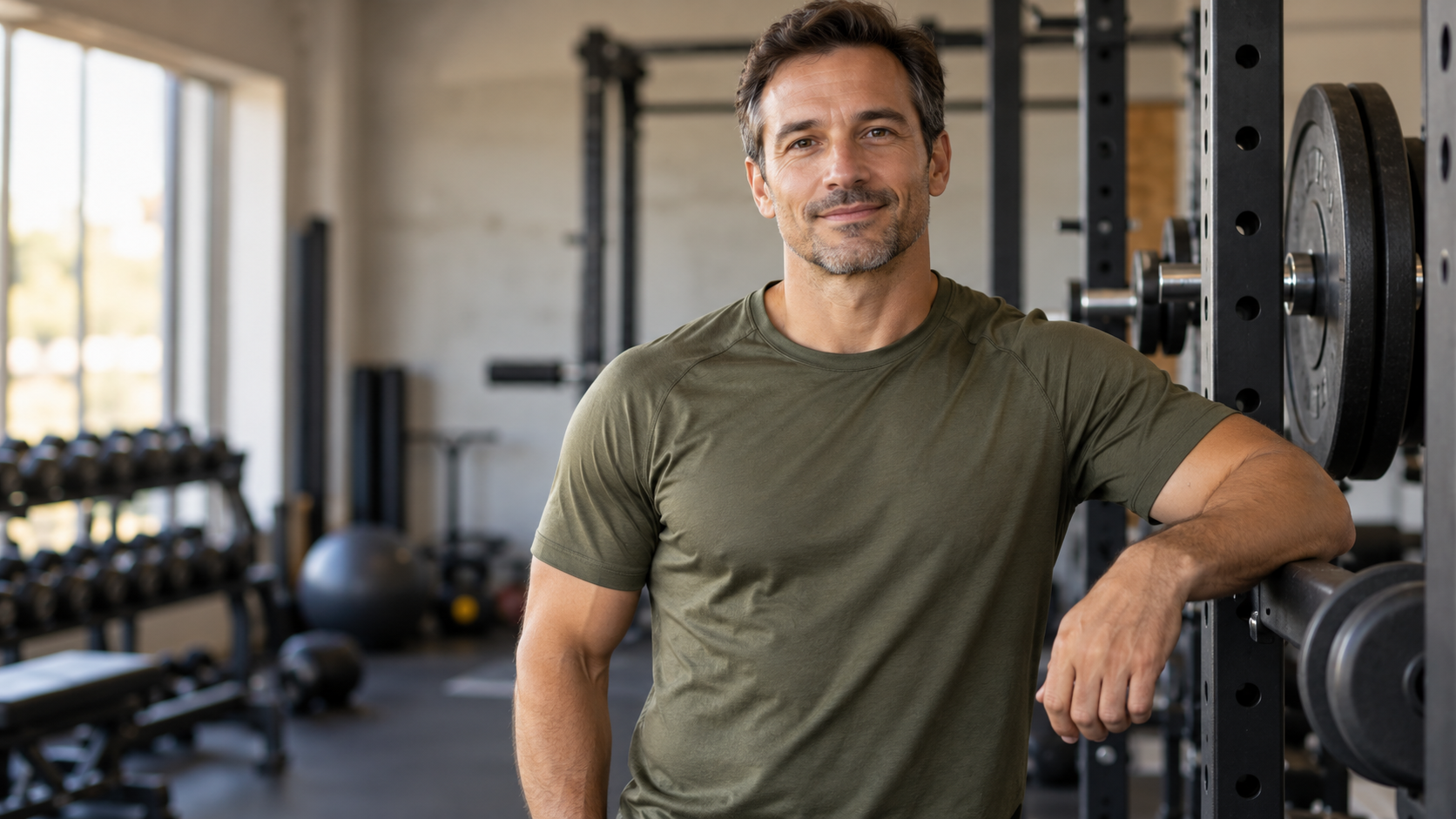 Imagen sintética de ejemplo: hombre con camiseta verde en un gimnasio; no representa a un cliente